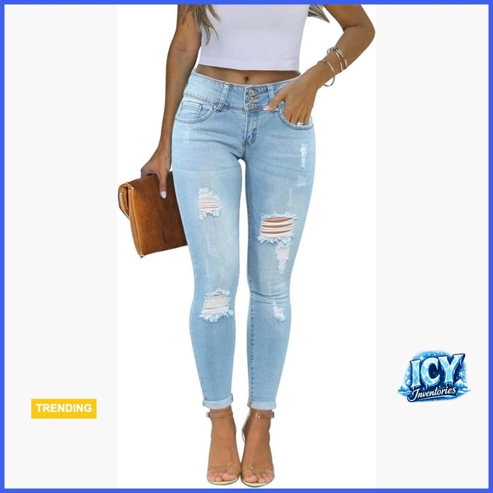 Skinny Ripped Distressed Jeans, Stretchy Denim Pants, Mid Waisted